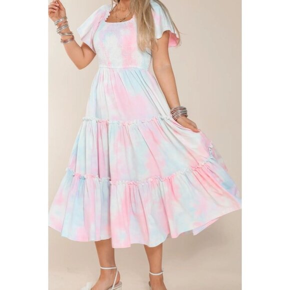 Ivy City Co Dresses & Skirts - Ivy City NWT Cotton Candy Dress Midi Smocked Tiered Short Sleeve Blue Pink XL